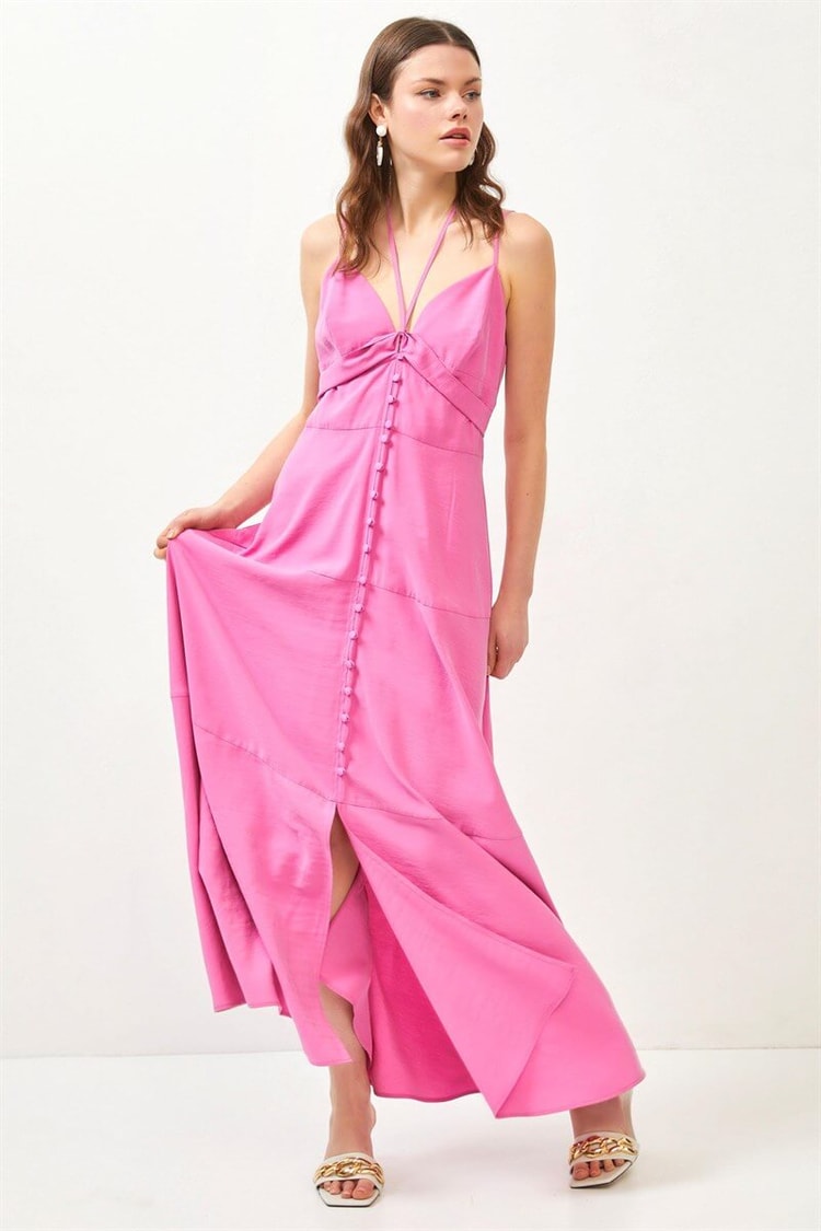 Pembe Askılı Maxi Volan ElbiseST060S40114501