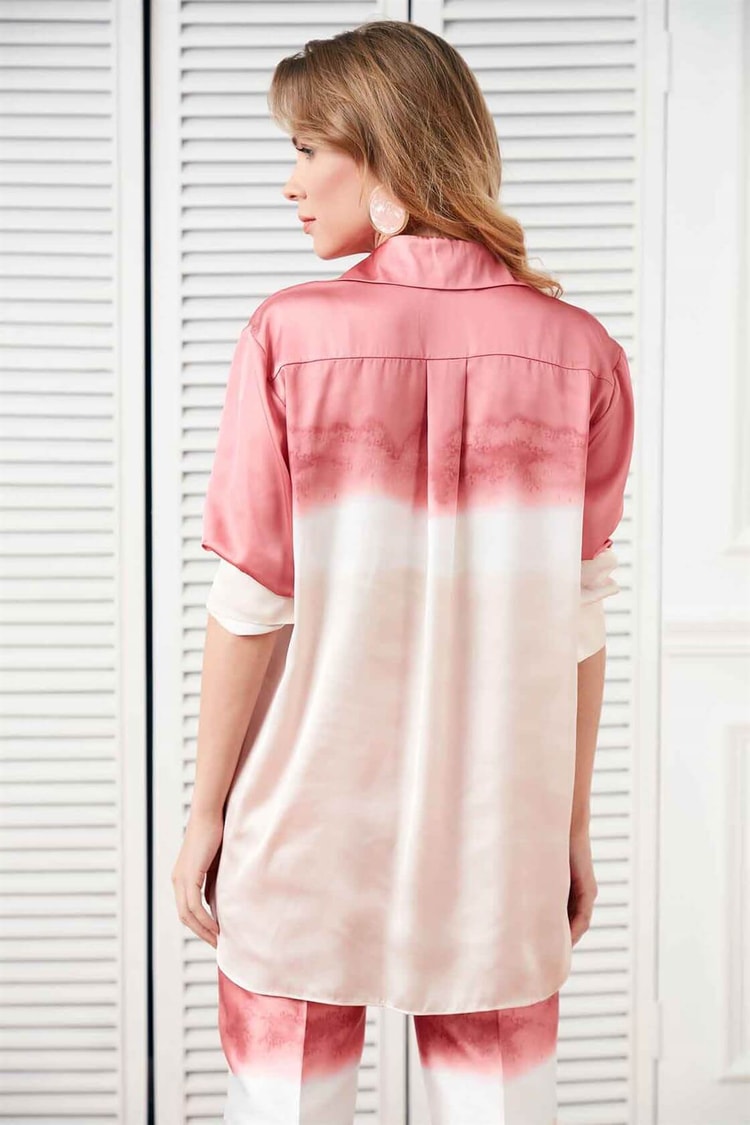 Pembe-Bej Düğmeli Batik Desen Uzun Kol Basen Kapatan Boy TunikST050S5510801