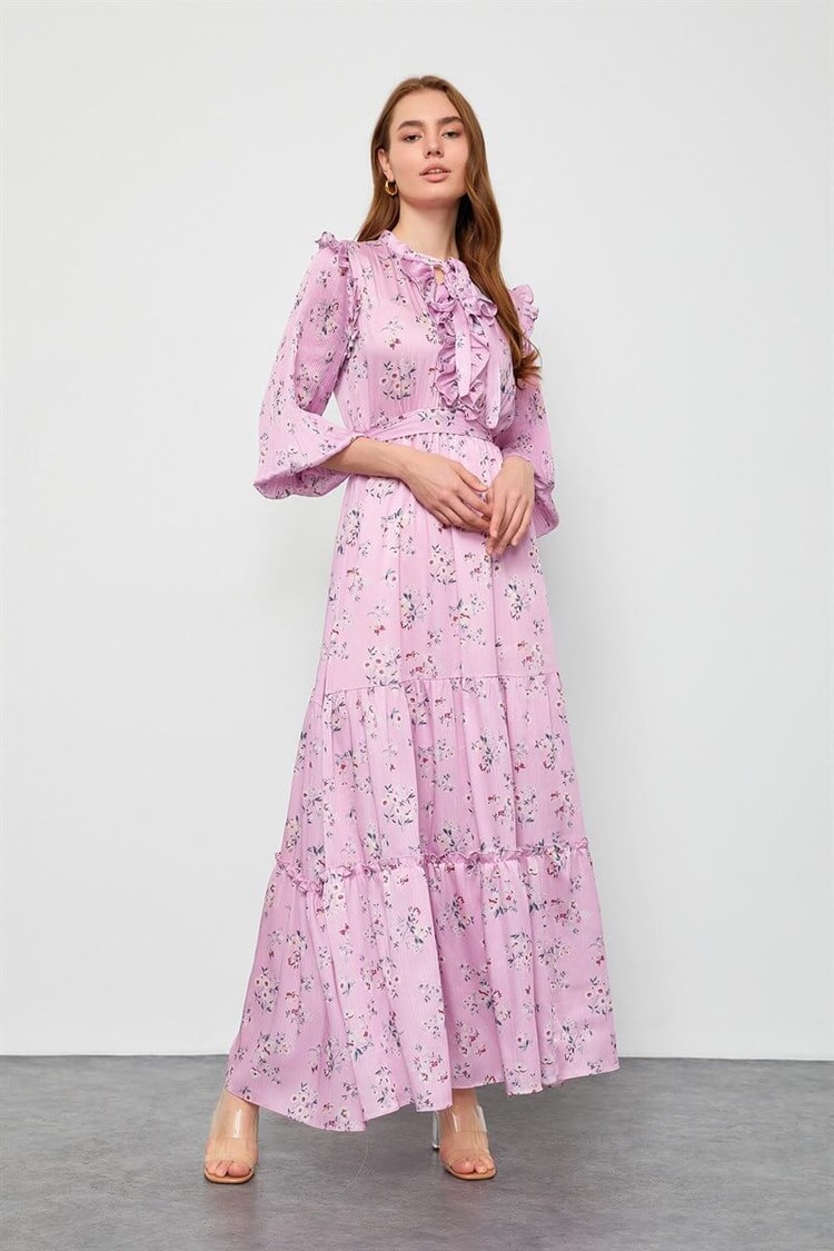 Pembe Floral Desen Maxi ElbiseST050S40938001