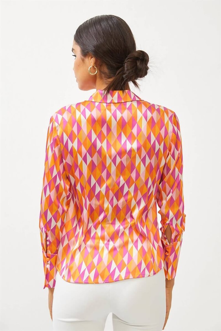 Pembe Geometrik Desenli Gizli Pat GömlekST060S55232001