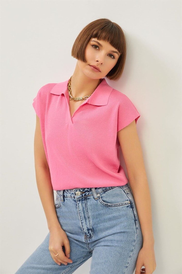Pembe Kolsuz Polo Yaka Triko Bayan BluzST070S94186002