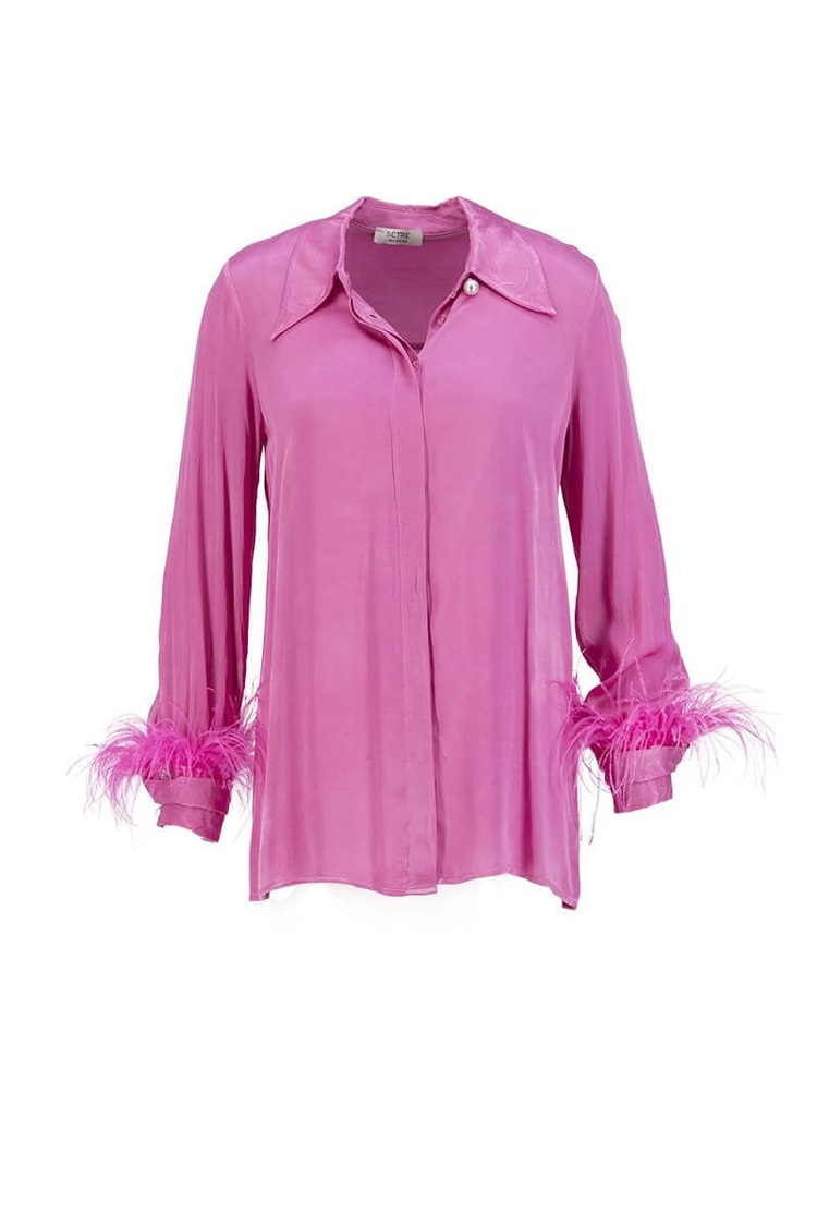 Pembe Manşetleri Tüy Detaylı Saten GömlekST060S55250001