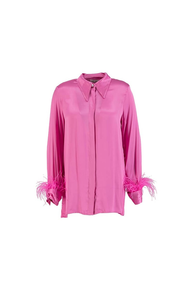 Pembe Manşetleri Tüy Detaylı Saten Görünümlü GömlekST070S55283001