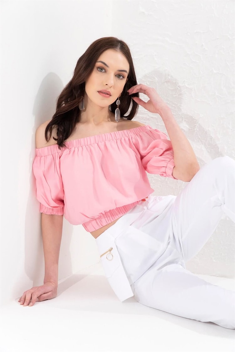 Pembe Omuz Omuz, Bel Ve Kol Ucu Lastikli Yarım Kol Yarım BluzST050S3035701