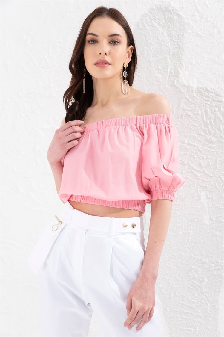 Pembe Omuz Omuz, Bel Ve Kol Ucu Lastikli Yarım Kol Yarım BluzST050S3035701