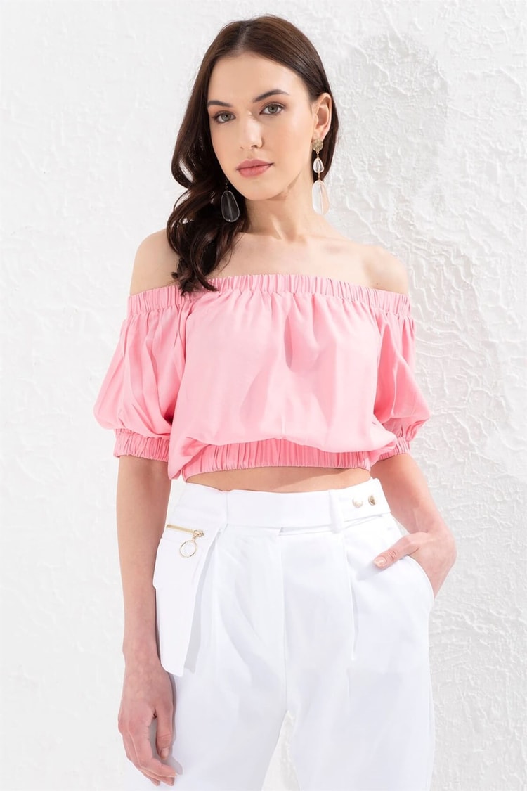 Pembe Omuz Omuz, Bel Ve Kol Ucu Lastikli Yarım Kol Yarım BluzST050S3035701