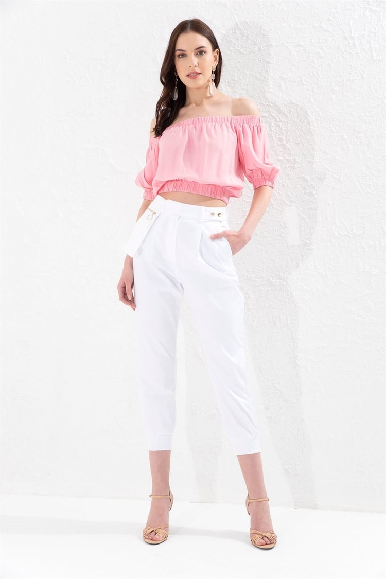Pembe Omuz Omuz, Bel Ve Kol Ucu Lastikli Yarım Kol Yarım BluzST050S3035701
