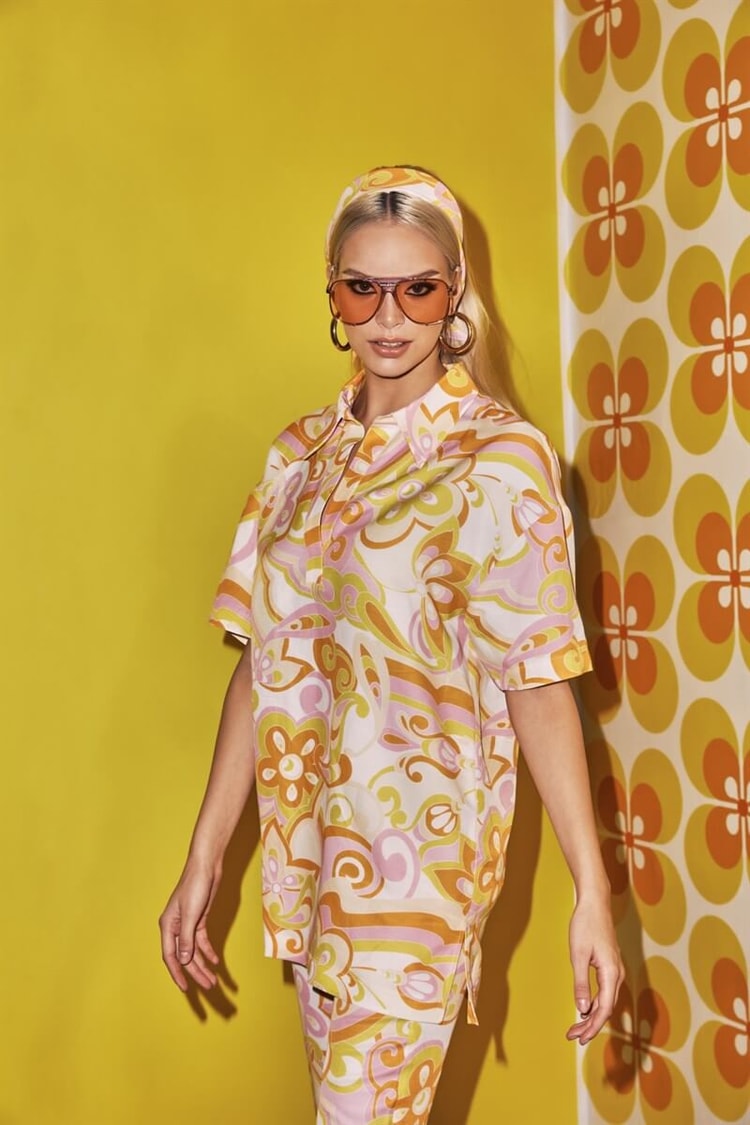 Pembe-Oranj Şal Desenli Oversize Bluz Pantolon TakımST060S65132002