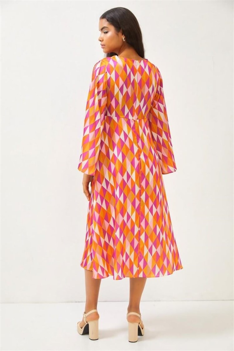 Pembe V Yaka Geometrik Desenli ElbiseST060S40130401
