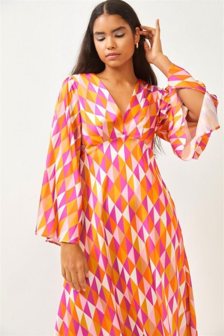 Pembe V Yaka Geometrik Desenli ElbiseST060S40130401