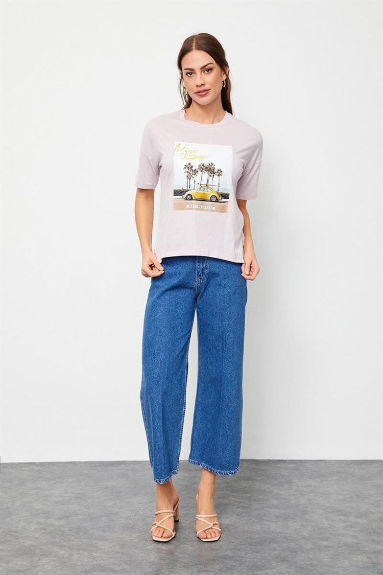 Pudra Bisiklet Yaka Baskılı Pamuk T-ShirtST060S71160002