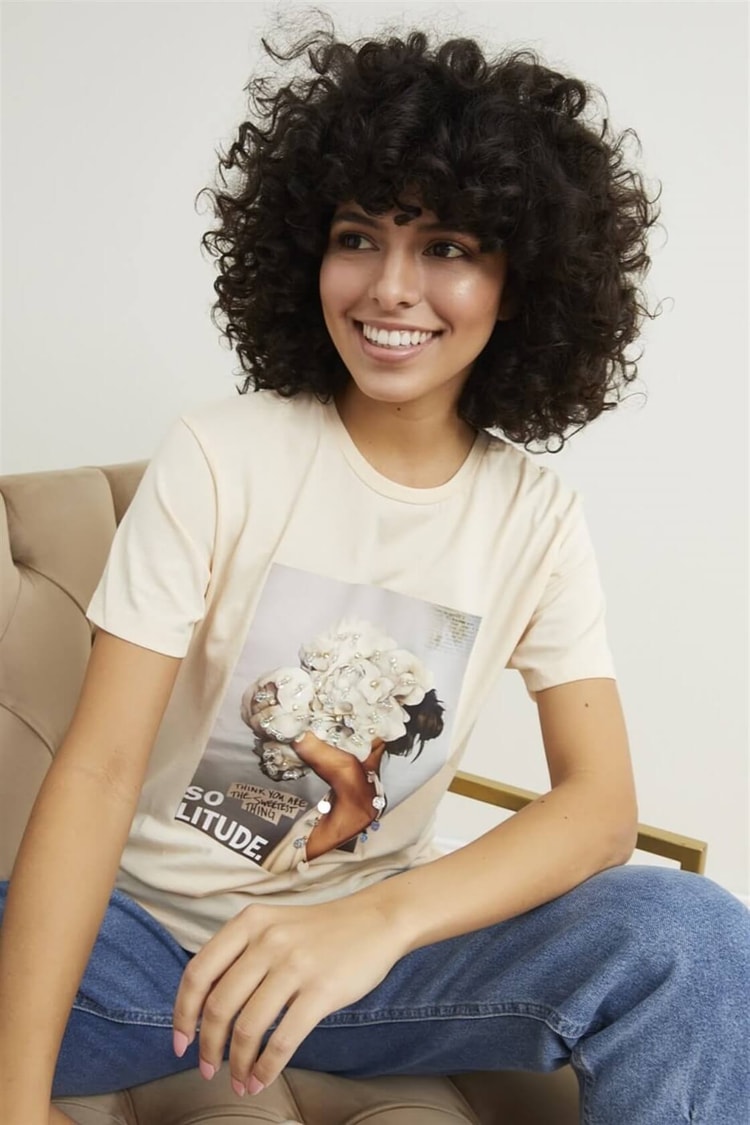 Pudra Kısa Kol Bisiklet Yaka Baskılı T-ShirtST050S7112803