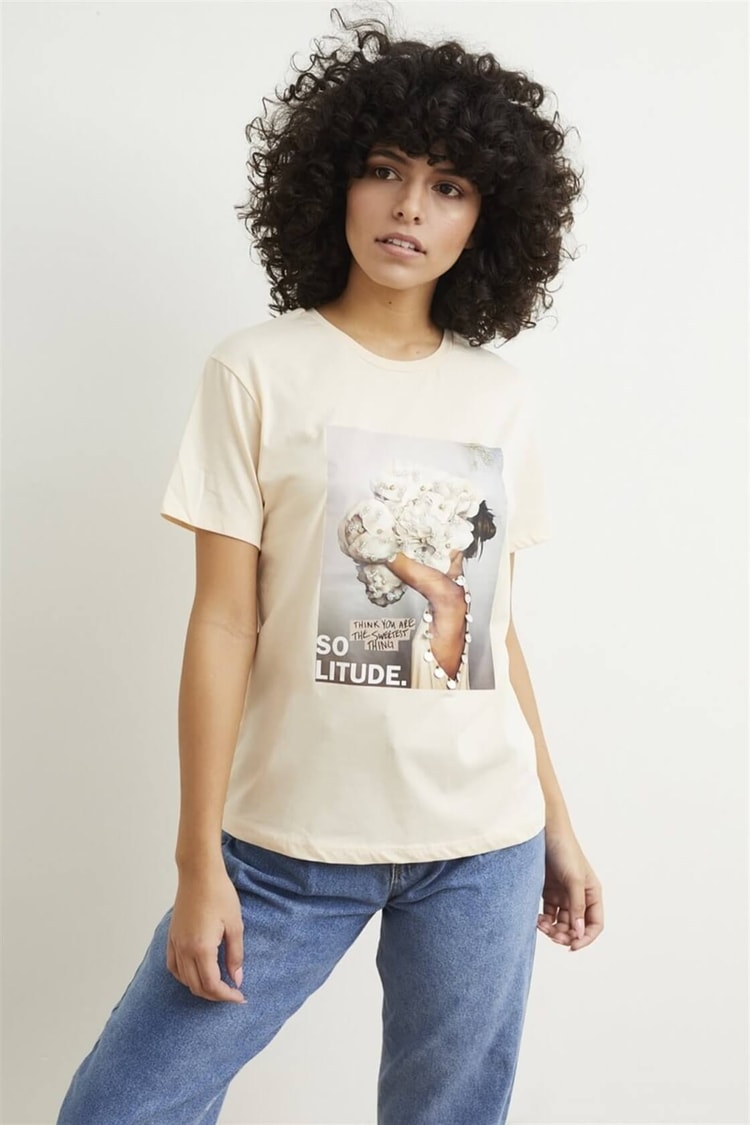 Pudra Kısa Kol Bisiklet Yaka Baskılı T-ShirtST050S7112803
