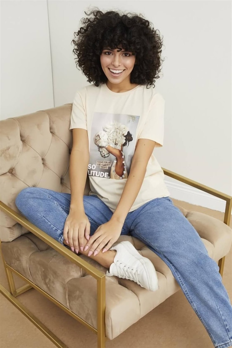 Pudra Kısa Kol Bisiklet Yaka Baskılı T-ShirtST050S7112803