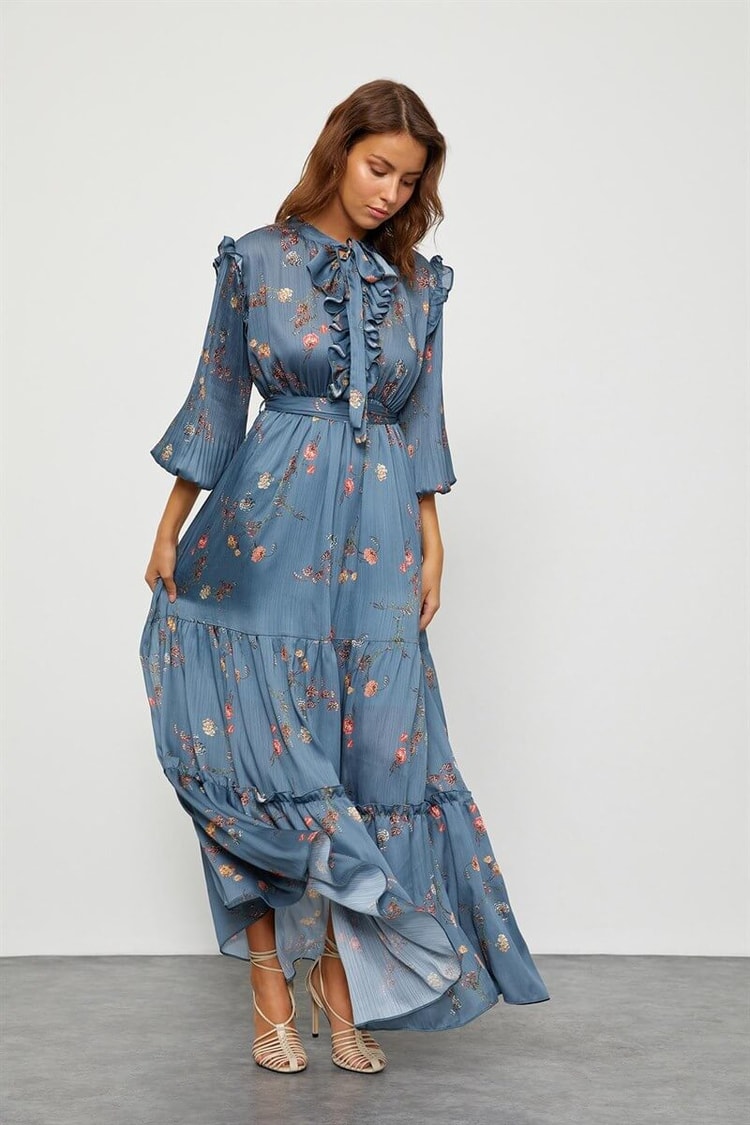 Puslu Deniz Floral Desen Maxi ElbiseST050S40938001
