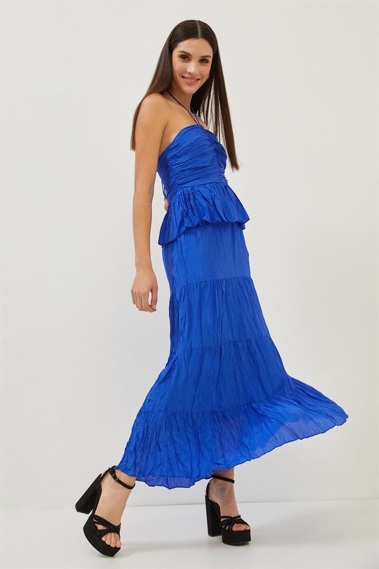 Saks Boyundan Bağlamalı Drape Detaylı Fırfırlı ElbiseST070S40155901