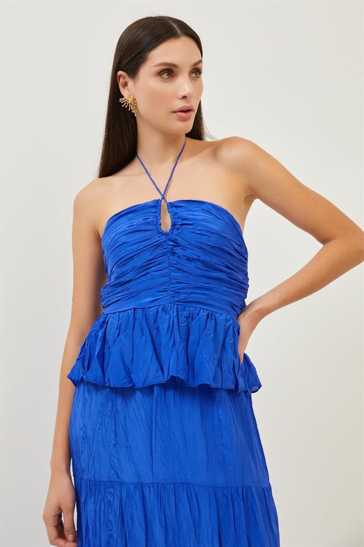 Saks Boyundan Bağlamalı Drape Detaylı Fırfırlı ElbiseST070S40155901