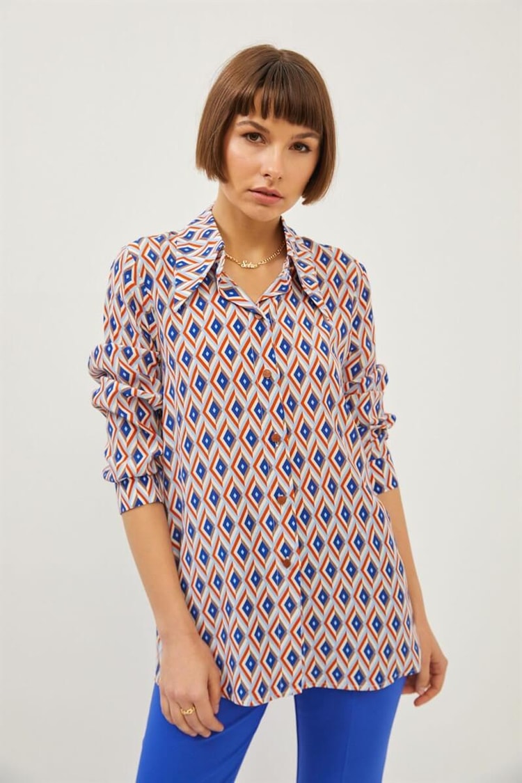 Saks Desenli Uzun Kollu Yakalı Bayan GömlekST070S65173001