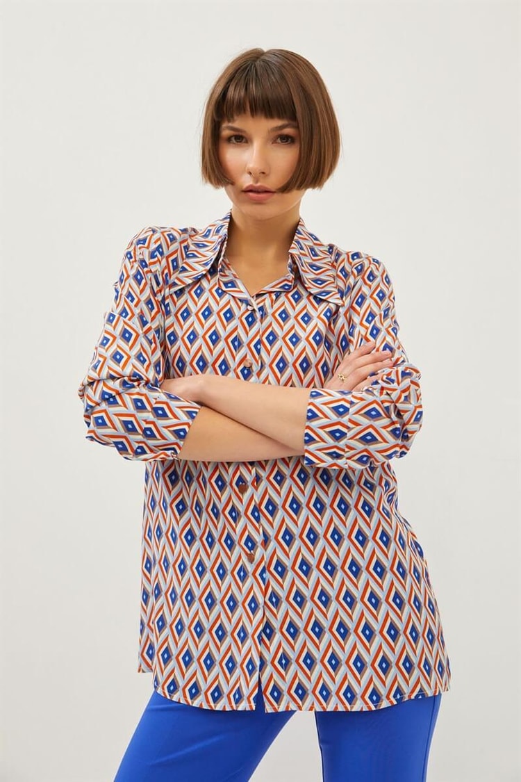 Saks Desenli Uzun Kollu Yakalı Bayan GömlekST070S65173001