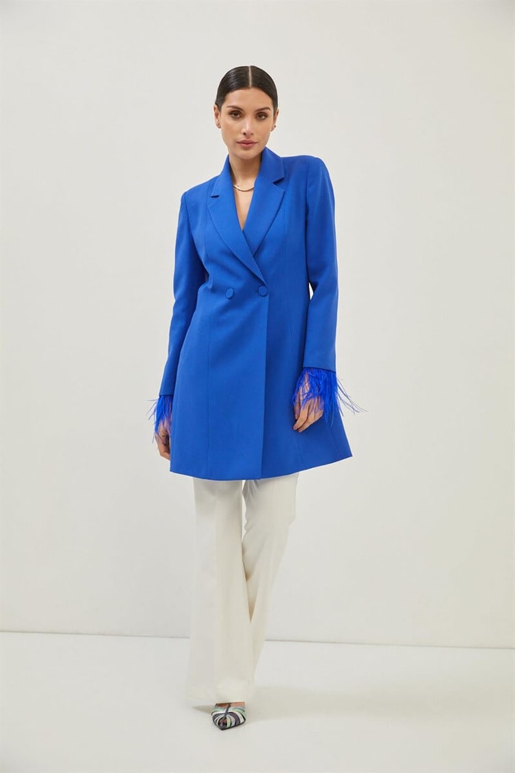 Saks Manşetleri Tüy Detaylı Kruvaze Blazer Ceket ElbiseST070S40162001