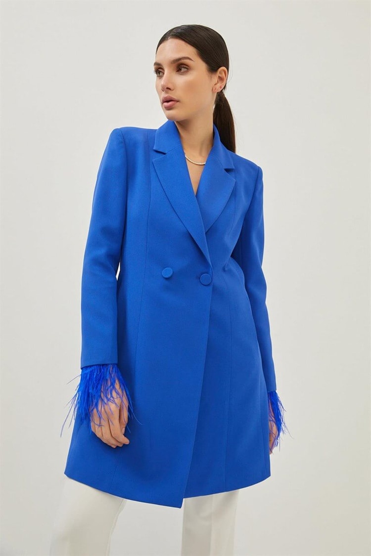 Saks Manşetleri Tüy Detaylı Kruvaze Blazer Ceket ElbiseST070S40162001