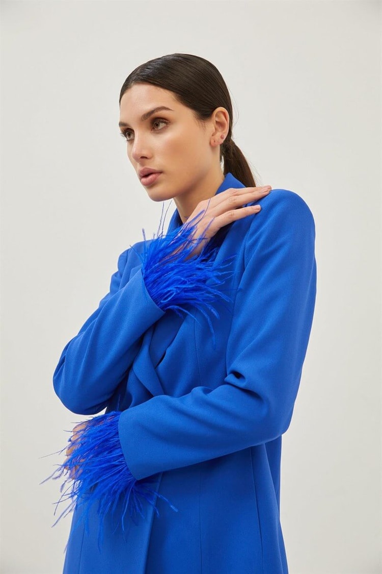 Saks Manşetleri Tüy Detaylı Kruvaze Blazer Ceket ElbiseST070S40162001