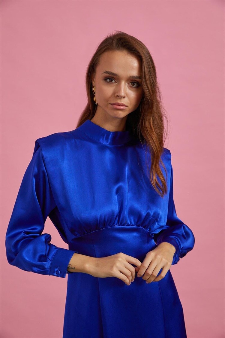 Saks Saten Diz Altı ElbiseST060W40120401
