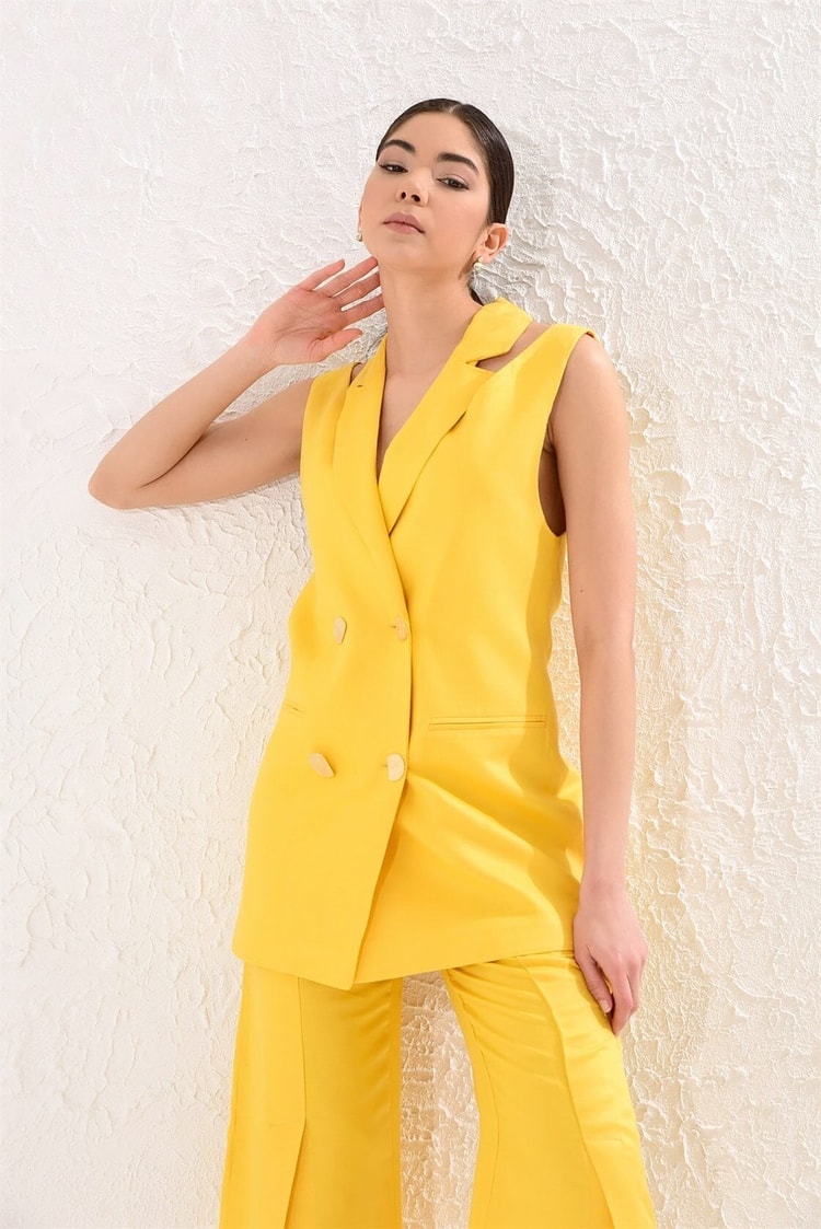 Sarı 1ym2cta0032  Kruvaze Yelek Maxi Paça Pantolon TakımST050S6003201