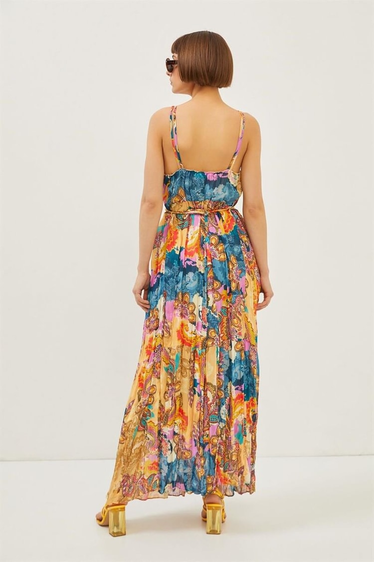 Sarı Askılı Desenli Maxi ElbiseST060S40115801