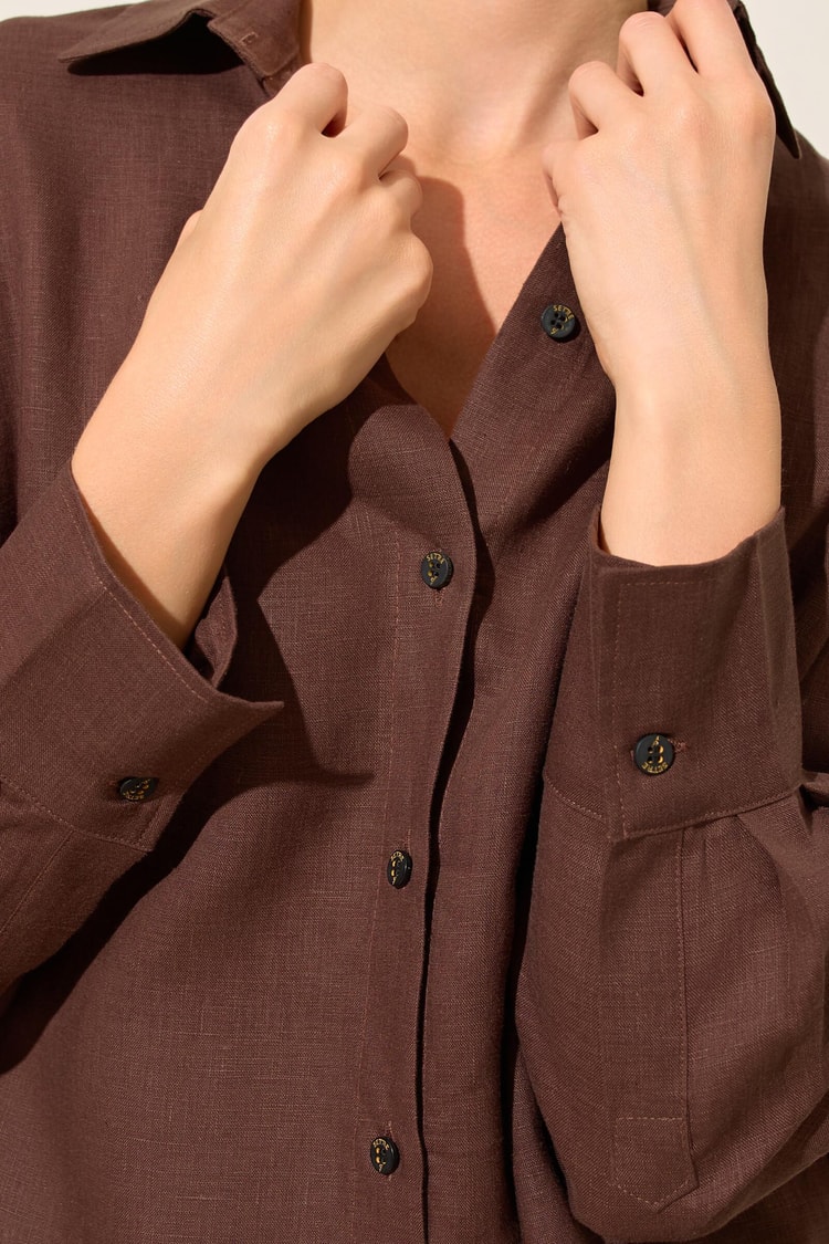 Acı-Kahve %100 Keten Uzun Kollu Oversize Gömlek Kadın Gömlek modelleri