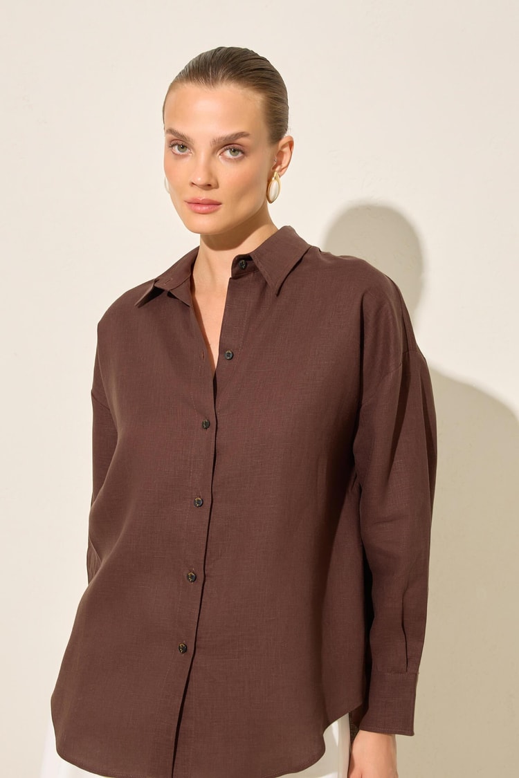 Acı-Kahve %100 Keten Uzun Kollu Oversize Gömlek Kadın Gömlek modelleri