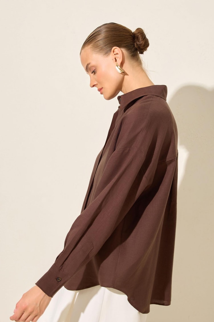 Acı-Kahve %100 Keten Uzun Kollu Oversize Gömlek Kadın Gömlek modelleri