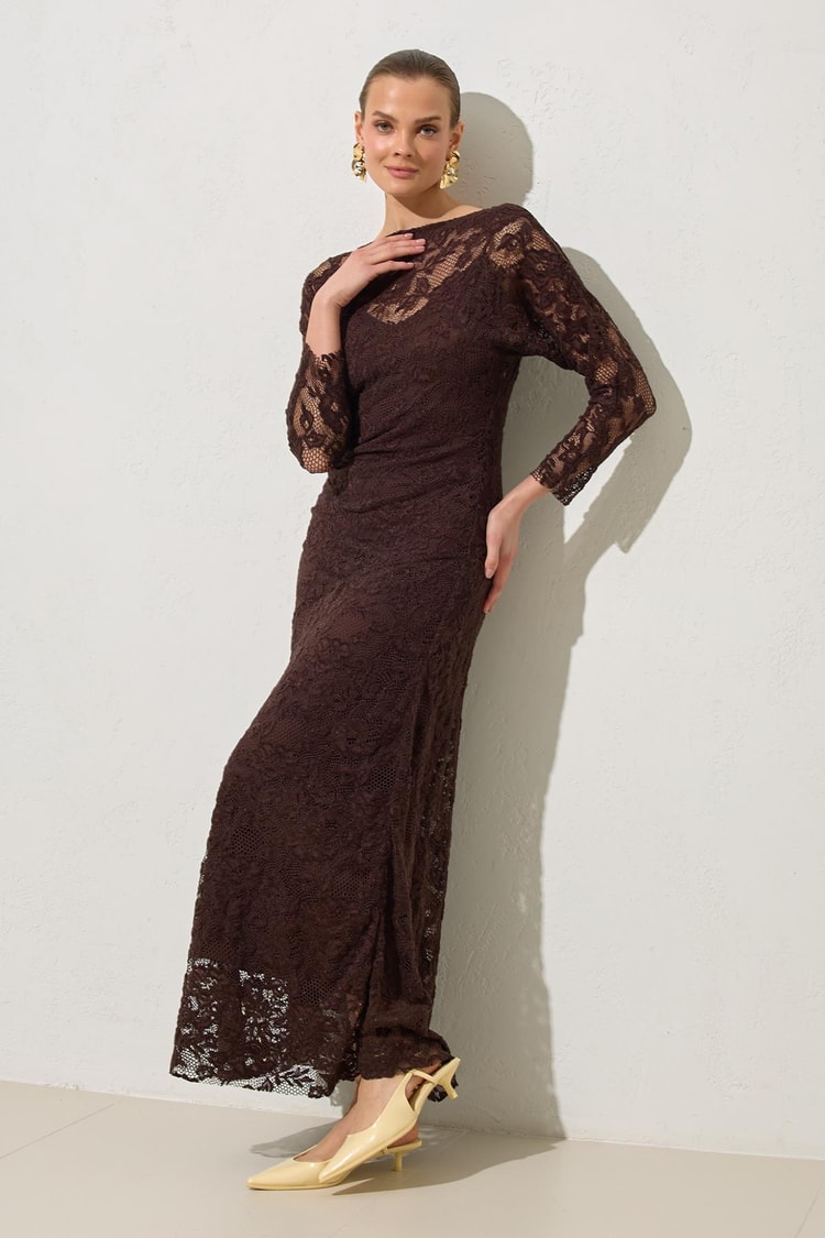Acı-Kahve Dantel Ve Drape Detaylı Midi Boy Elbise Kadın Günlük Elbise modelleri