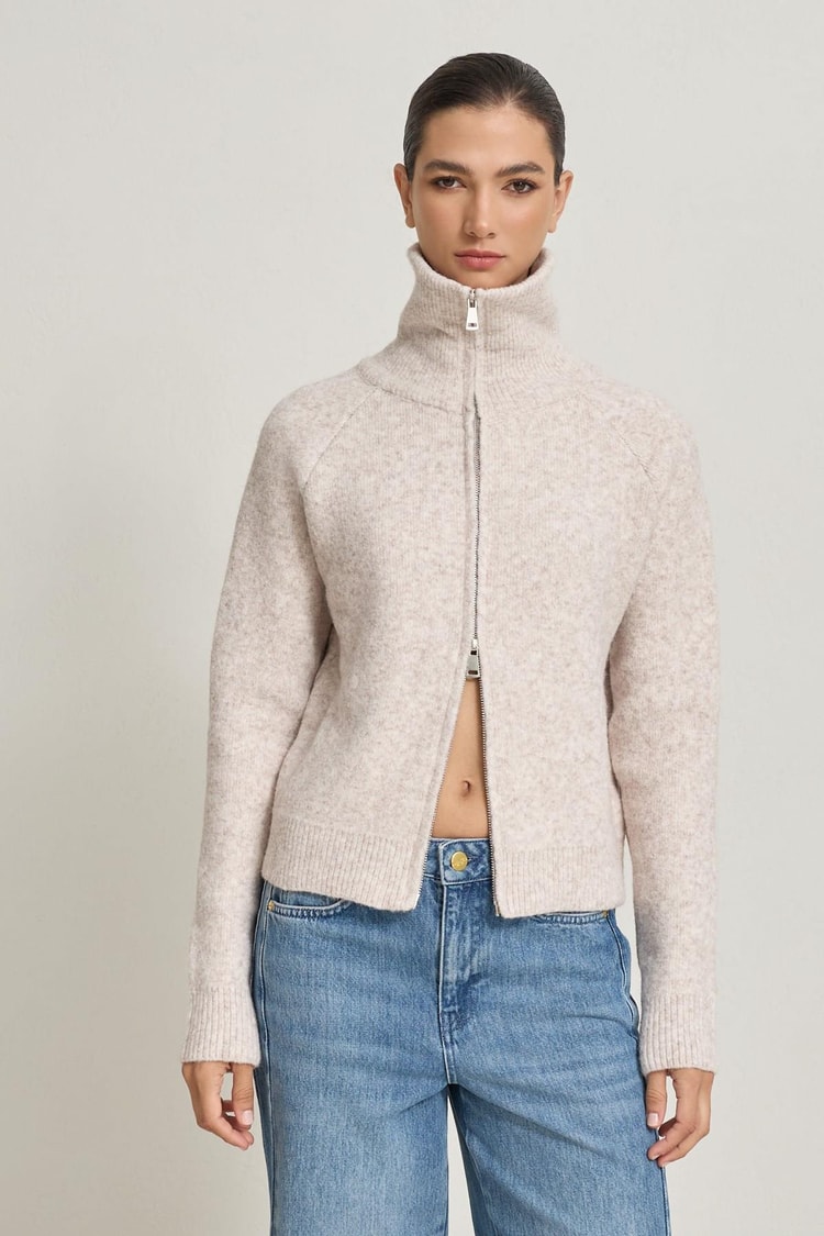 Açık Bej Uzun Kollu Fermuar Detaylı Triko Kadın Sweatshirt modelleri