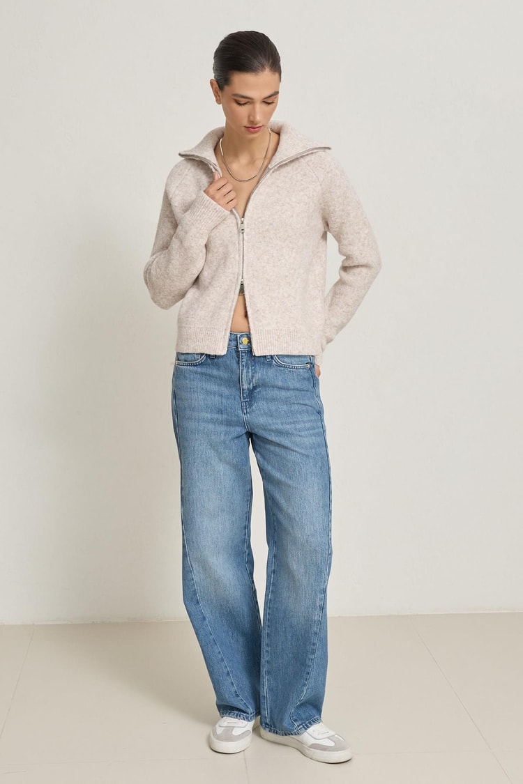 Açık Bej Uzun Kollu Fermuar Detaylı Triko Kadın Sweatshirt modelleri