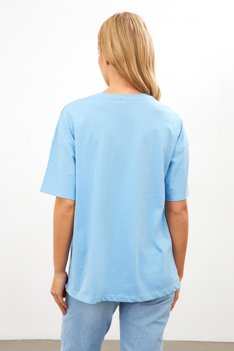 Açık Mavi Düz Basic Bisiklet Yaka T-Shirt Kadın T-Shirt modelleri