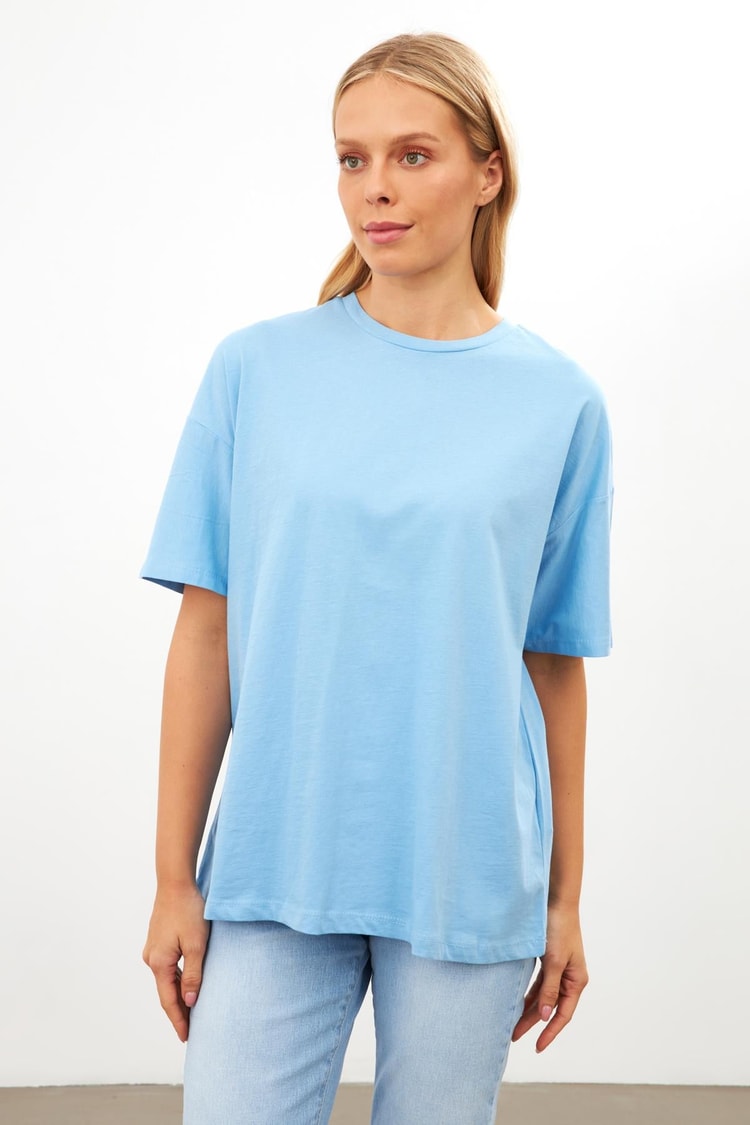Açık Mavi Düz Basic Bisiklet Yaka T-Shirt Kadın T-Shirt modelleri