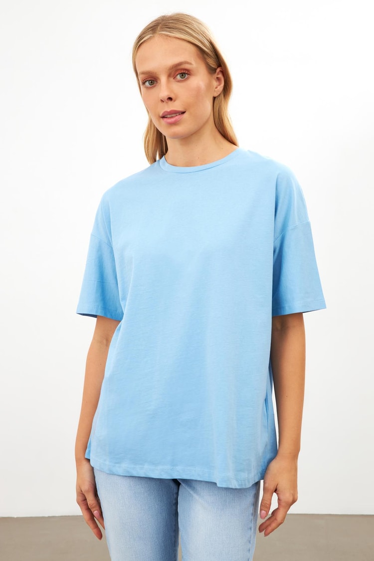 Açık Mavi Düz Basic Bisiklet Yaka T-Shirt Kadın T-Shirt modelleri