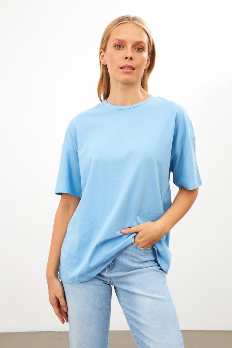 Açık Mavi Düz Basic Bisiklet Yaka T-Shirt Kadın T-Shirt modelleri