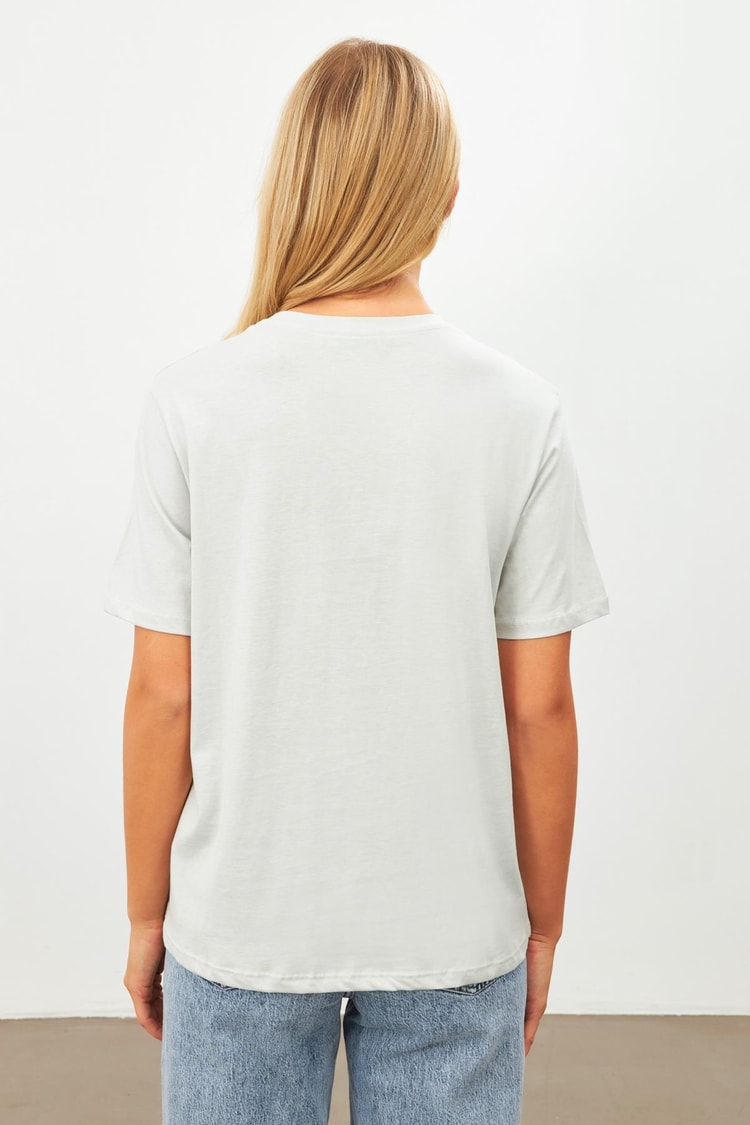 Açık Taş Baskı Detaylı Bisiklet Yaka T-Shirt Kadın T-Shirt modelleri