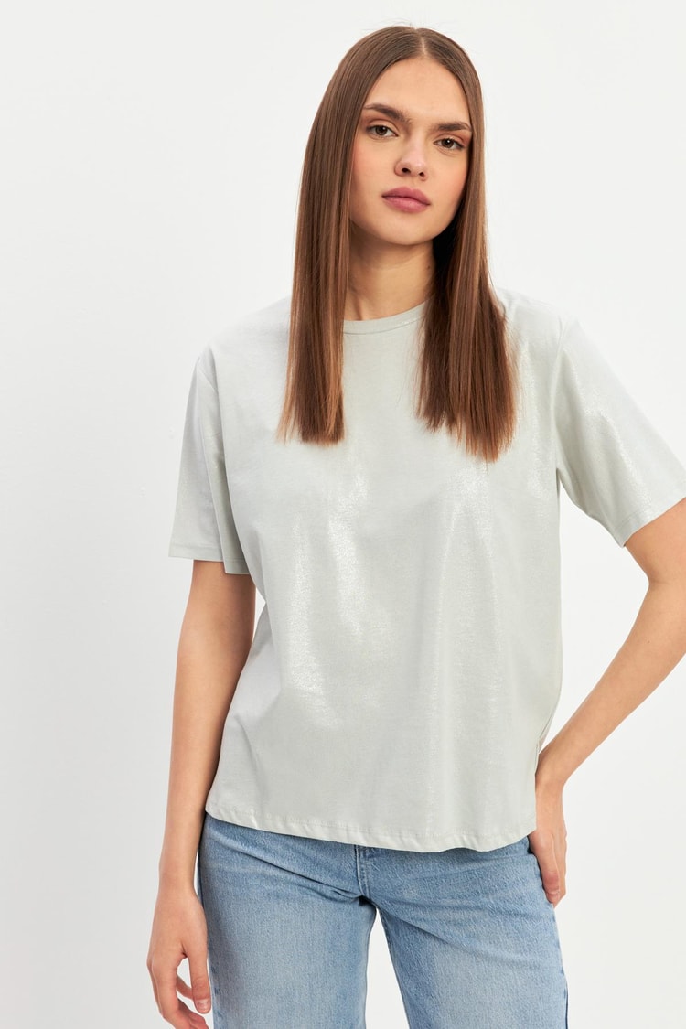 Açık Taş Bisiklet Yaka Basic T-Shirt Kadın T-Shirt modelleri