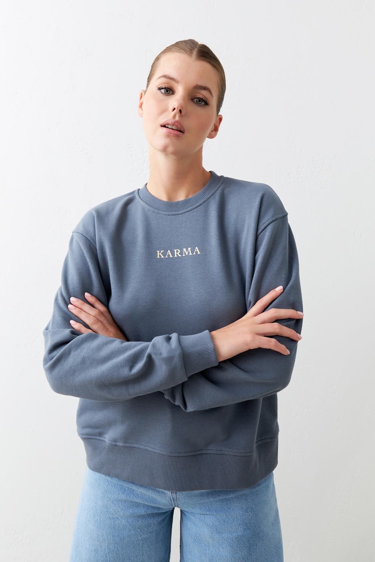 Antrasit Baskı Detaylı Bisiklet Yaka Uzun Kollu Sweatshirt Kadın Kategorisiz modelleri