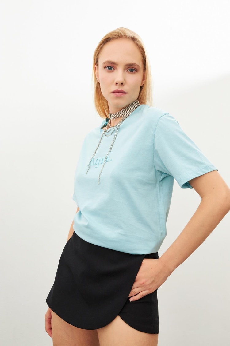 Aqua Kabartmalı Bisiklet Yaka T-Shirt Kadın T-Shirt modelleri