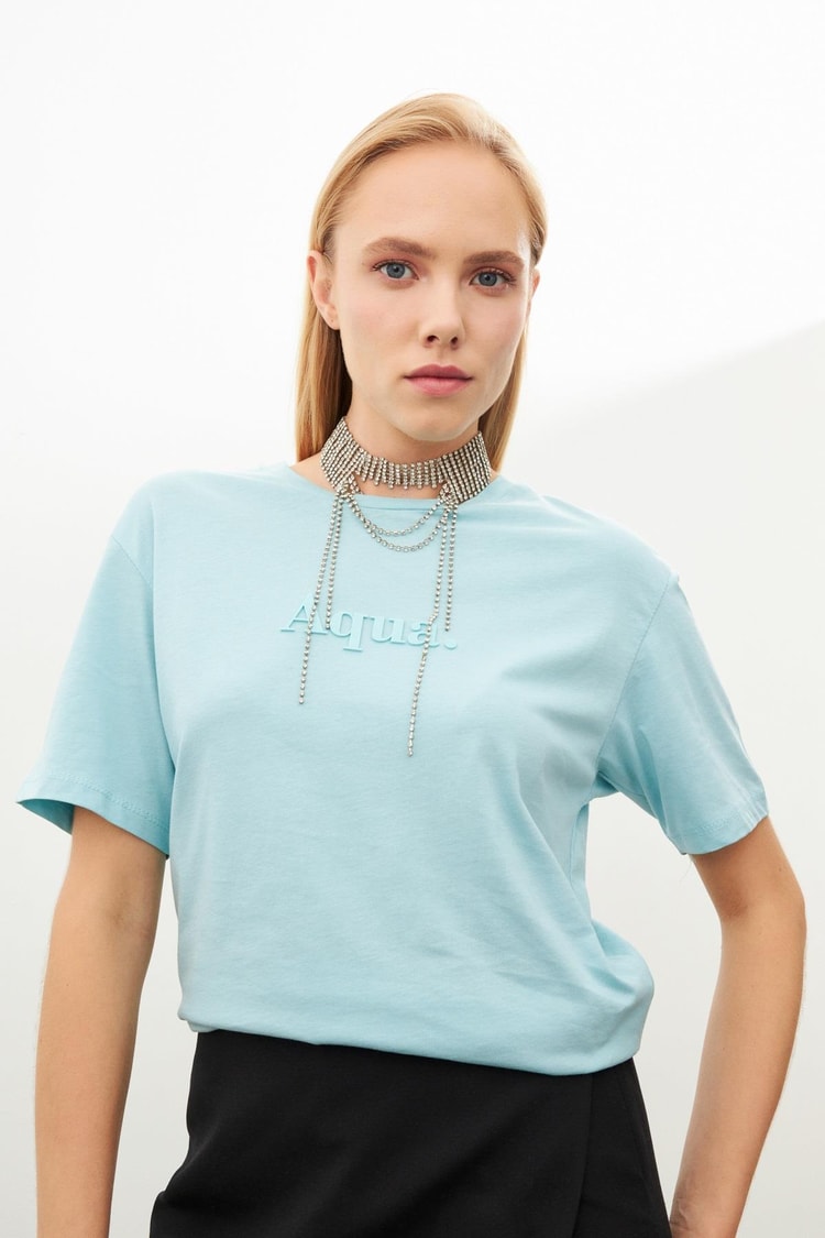 Aqua Kabartmalı Bisiklet Yaka T-Shirt Kadın T-Shirt modelleri