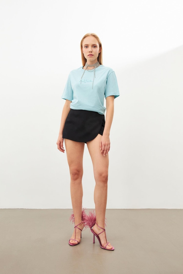 Aqua Kabartmalı Bisiklet Yaka T-Shirt Kadın T-Shirt modelleri