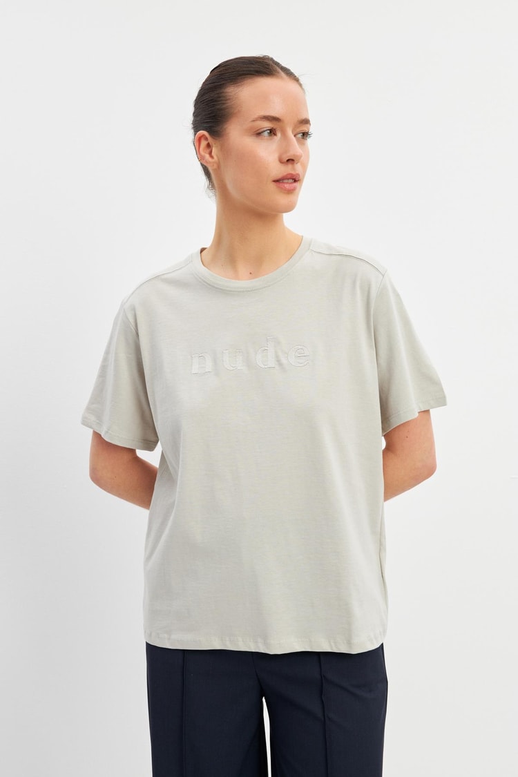 Bej Baskı Detaylı Bisiklet Yaka Basic T-Shirt Kadın T-Shirt modelleri
