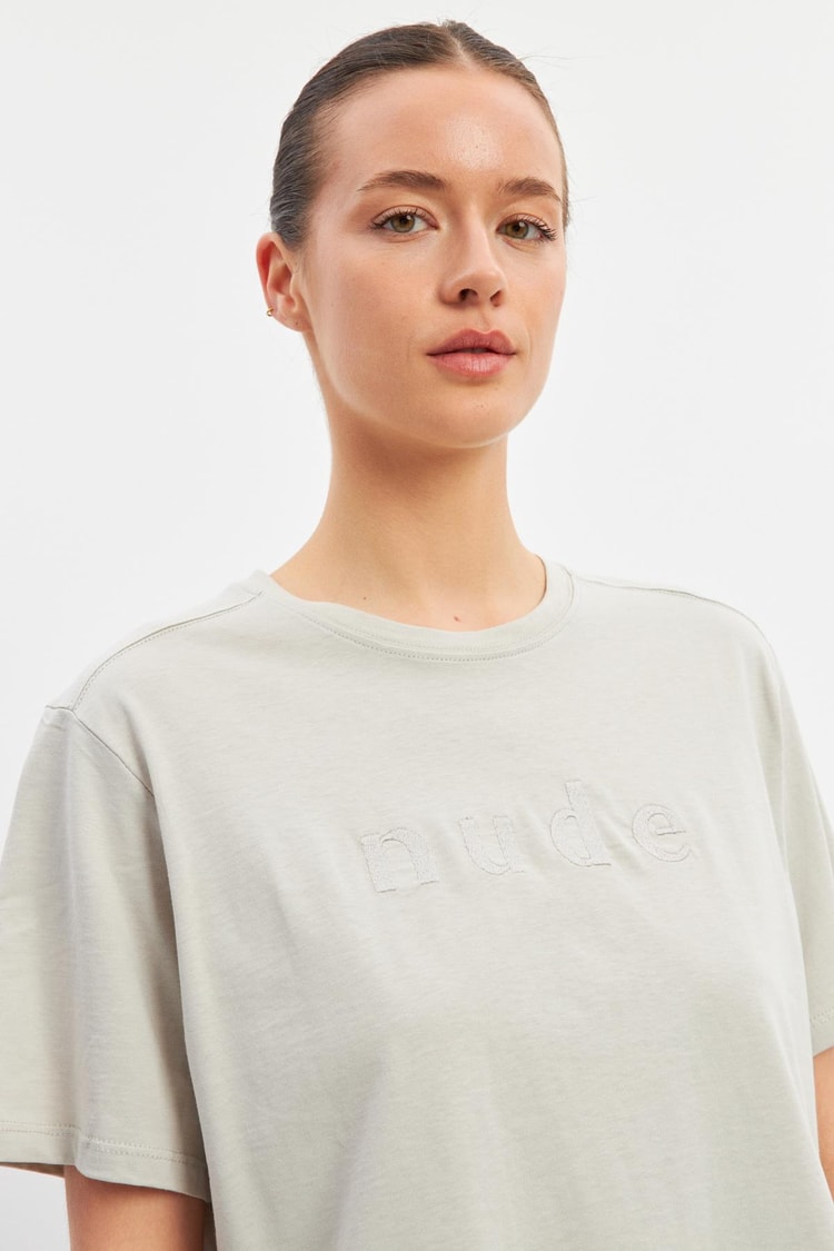 Bej Baskı Detaylı Bisiklet Yaka Basic T-Shirt Kadın T-Shirt modelleri
