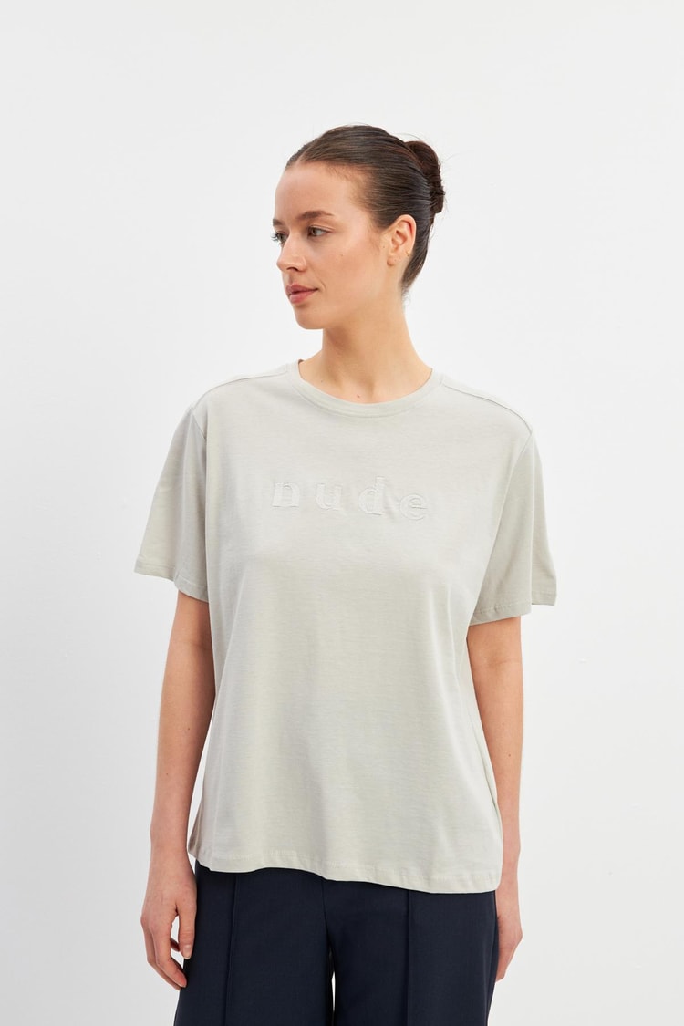 Bej Baskı Detaylı Bisiklet Yaka Basic T-Shirt Kadın T-Shirt modelleri
