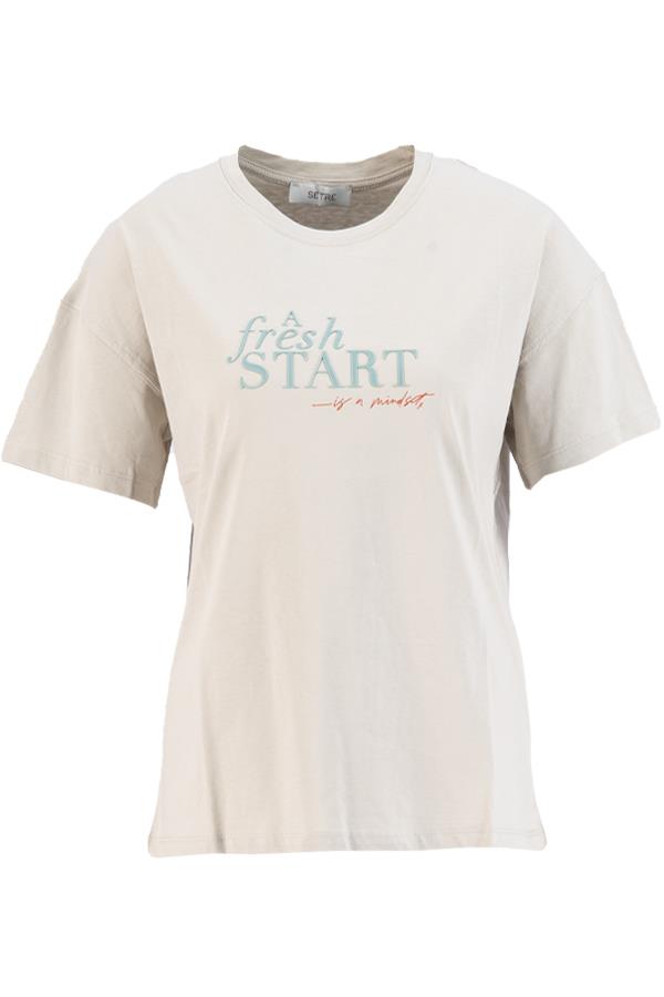 Bej Baskı Detaylı Kısa Kollu T-Shirt Kadın T-Shirt modelleri