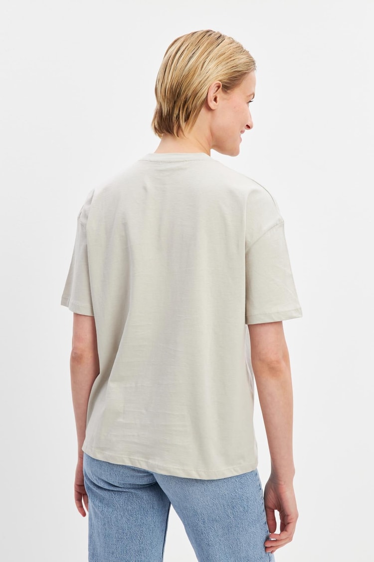 Bej Baskılı Bisiklet Yaka Kısa Kollu T-Shirt Kadın T-Shirt modelleri
